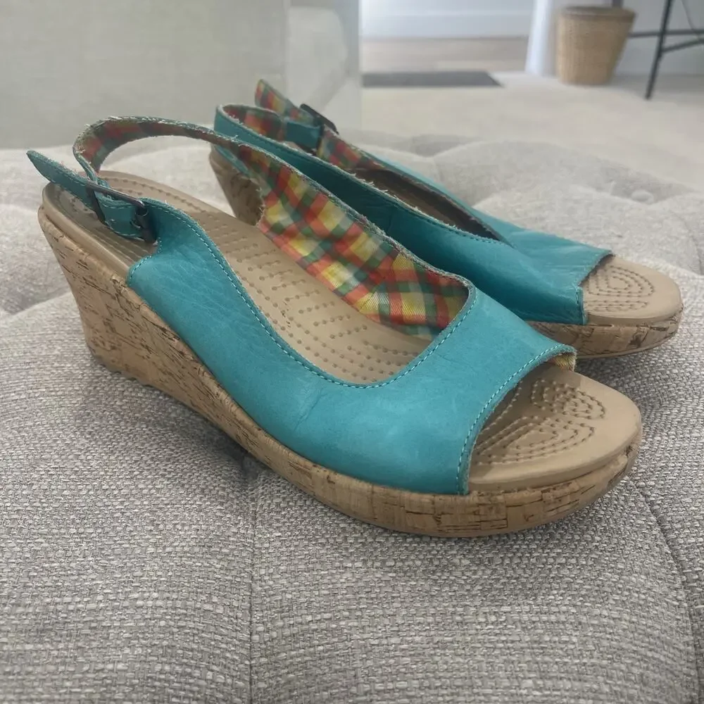 Crocs A-Leigh Women Teal Leather Slingback Cork Wedge Sandals Size 10 Plaid Fun